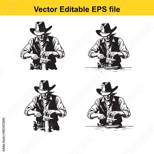 collection of four vector illustrations depicting a cowboy wearing a hat and vest, actively engaged in operating a mechanical device, presented in a stylized black and white sketch art
