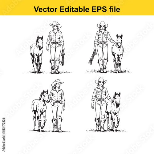 collection of four black and white vector illustrations depicting female rancher or cowboy figures standing next to small horses or foals, isolated on white background