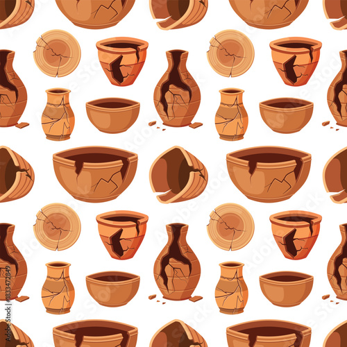 broken pottery pattern. traditional ceramic antique pots collection, cracked fragile items. vector cartoon flat seamless pattern.