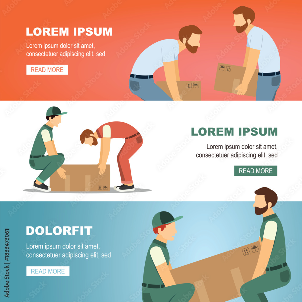 Naklejka premium lift weight with straight back. Lifting technique safe movement, Incorrect instruction for moving heavy packages for workers concept banners. vector cartoon concept illustration.