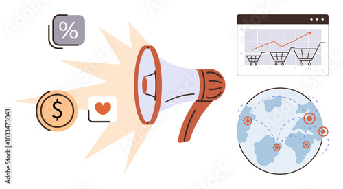 Megaphone spreading messages, financial icons, hearts, shopping carts, percentage, and global connections. Ideal for e-commerce, advertising, branding globalization online shopping analytics