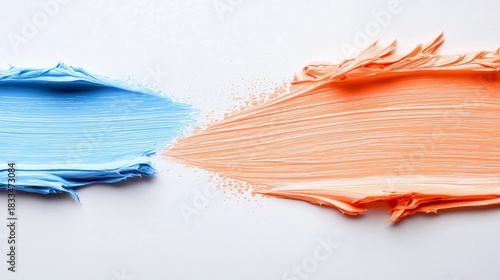 Close-up of blue and orange paint strokes on a white background, creating an abstract and artistic composition.