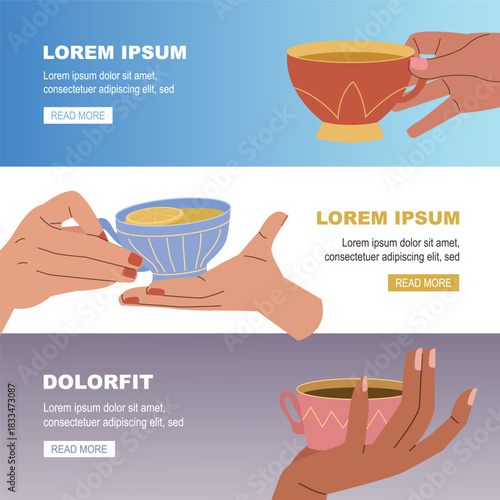 Tea ceremony banner. tea cup in hands, female hand holds cute teapot, spices lemon. vector cartoon banners set.