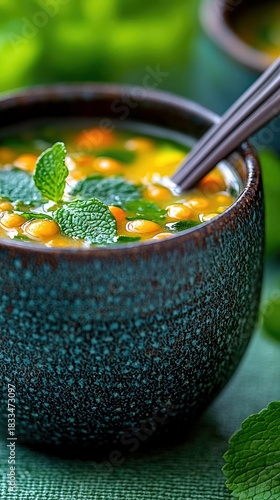 Close-up shot of a bowl of soup with mint leaves, a healthy food concept. The soup is in a ceramic bowl, and a spoon is visible. The background is blurred, with