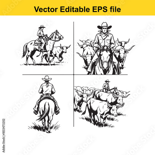 vector editable eps file showing four black and white illustrations of cowboys riding horses and herding cattle in a split panel design, perfect for western theme projects
