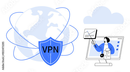 VPN security. VPN ensures online data safety and global connectivity. Digital graphic with VPN protection and internet privacy. For cyber defense, web security, remote work, IT, virtual networks