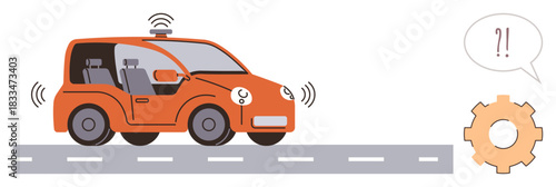 Orange self-driving car emits wireless signals on a city street. Speech bubble with exclamation, gear symbol nearby. Ideal for technology, innovation, communication, automation, transportation