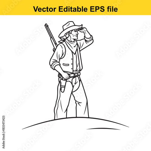 line art vector illustration of a cowboy standing on a hill looking into the distance with a rifle on his back and a pistol in his holster, isolated on white background