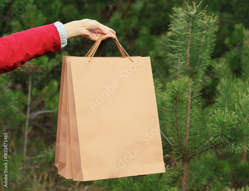 Purchase, holidays, female hand holding showing paper shopping bags, gift against christmas tree