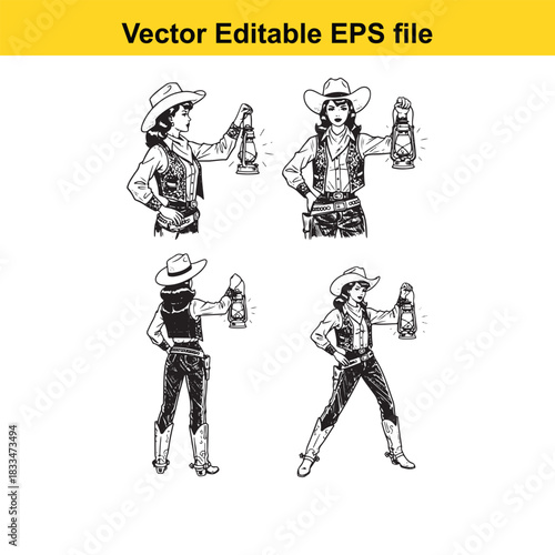 set of four vintage style vector illustrations depicting a cowgirl in different poses, holding an oldfashioned lantern, black and white line art