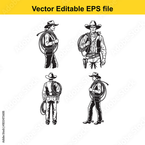 collection of four black and white vector illustrations depicting cowboys wearing hats and carrying lasso ropes, isolated on white background