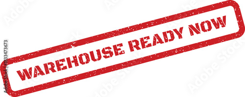 Distressed red rubber stamp displaying WAREHOUSE READY NOW text, indicating immediate availability for dispatch