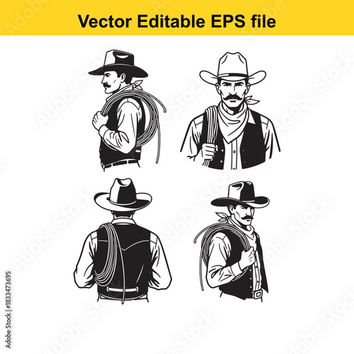 set of four vector illustrations depicting cowboys in black and white line art style, showing upper body views with cowboy hats and ropes, suitable for western theme designs