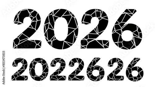 Artistic design of the year 2026 with fractured pattern against a plain background