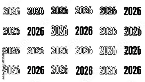Collection of 2026 number graphics showcasing different styles and fonts for new year designs