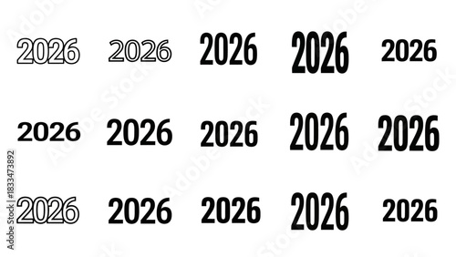 Collection of '2026' texts displayed in different typographical styles and variations