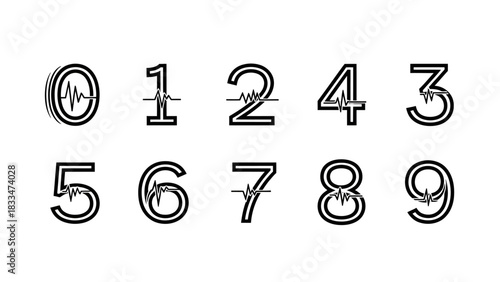 Conceptual heart rate numbers from zero to nine on a white background providing a unique design