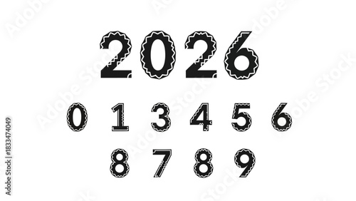 Creative 2026 number set with decorative border, isolated on white background for graphic design