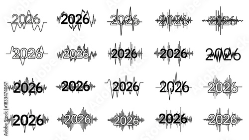Creative 2026 Year Number Designs with Seismic Wave Patterns on White Background