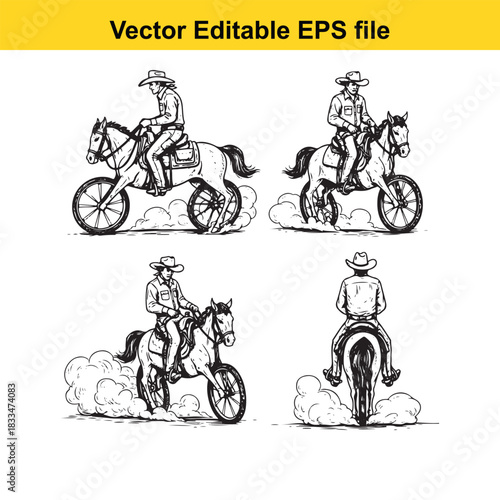 collection of four black and white vector illustrations depicting cowboys riding horses from different perspectives, isolated on white background
