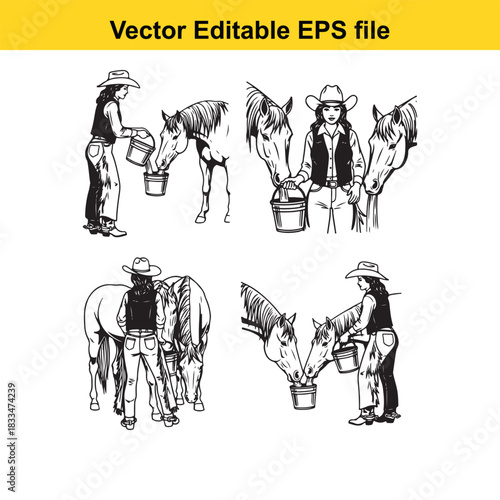 collection of four black and white vector illustrations depicting cowgirls feeding horses from buckets in various poses, suitable for western theme design
