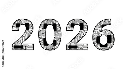Futuristic 2026 New Year design featuring intricate circuit board patterns for a tech themed holiday