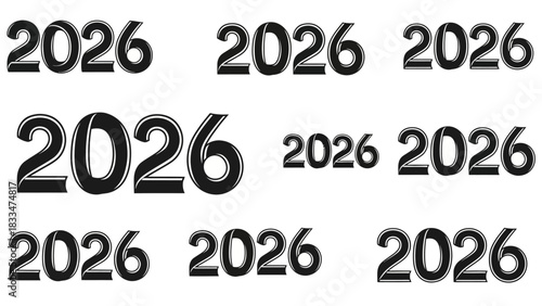 Illustrative collection of the year 2026 in various black and white typographic styles