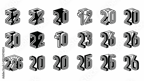 Isometric numerical font set featuring diverse number combinations and outlines, suitable for