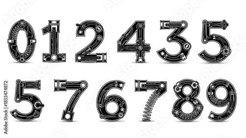 Mechanical numbers design, crafted with gears and pistons for industrial themes in black and white