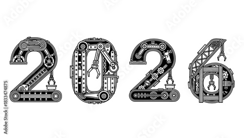 Mechanical 2026 New Year Design Showing Gears and Robotic Arms in Black and White