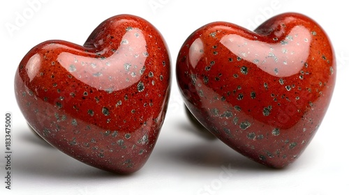 Two red heart shaped gemstones sitting side by side on a white surface showing love, affection, and strong emotional connection together.