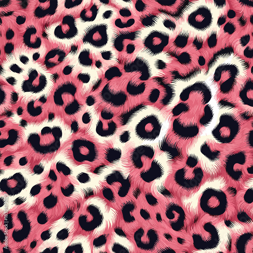 Glamorous pink leopard animal print with a realistic skin and fur texture. A seamless, stylish, and vibrant wildcat pattern background for fashion textiles