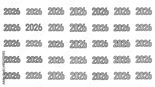 Repetitive pattern of the year 2026 in black outline against a white background for creative design