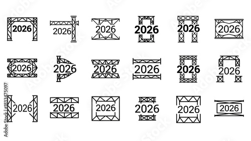 Set of minimalistic vector linear event stage construction for the year 2026 templates
