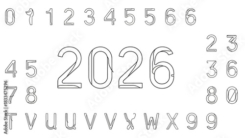 Stylized outline of 2026 with numbers and letters isolated on white background
