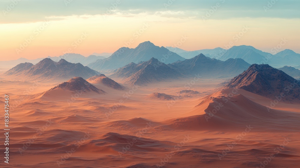 Naklejka premium A breathtaking panoramic view of a vast desert landscape dominated by towering mountains, bathed in the warm glow of a vibrant sunset. The scene evokes a sense of solitude and awe.