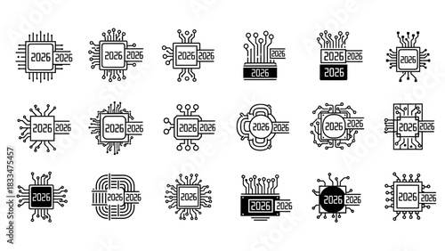 A collection of futuristic microchip designs for the year 2026 with circuit elements