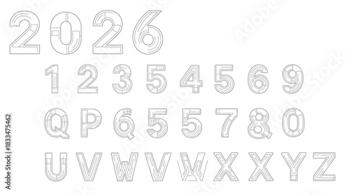Aesthetic outlined geometric alphabet and number set for modern design applications perfect for 2026