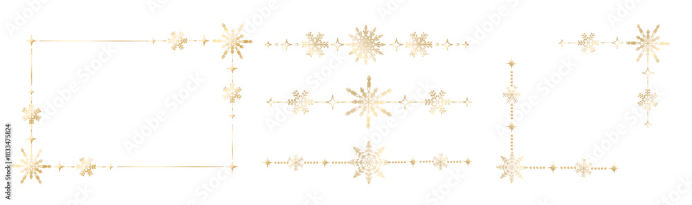 Fototapeta premium Set of golden Christmas borders and corner frames with snowflakes and shiny stars. Elegant straight metallic ornaments for holiday cards, luxury packaging, winter invitations and festive branding. Vec