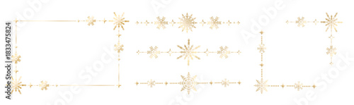 Set of golden Christmas borders and corner frames with snowflakes and shiny stars. Elegant straight metallic ornaments for holiday cards, luxury packaging, winter invitations and festive branding. Vec