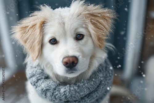 Snowy cozy canine, Serene winter setting with sweet dog and falling snowflakes, Tranquil winter atmosphere showcasing snowy coat dog with soulful eyes and soft illumination