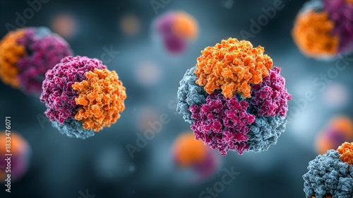 Fototapeta Naklejka Na Ścianę i Meble -  Detailed 3D rende showcases various viral structures with different colors in a blurred dark blue environment under scientific study.