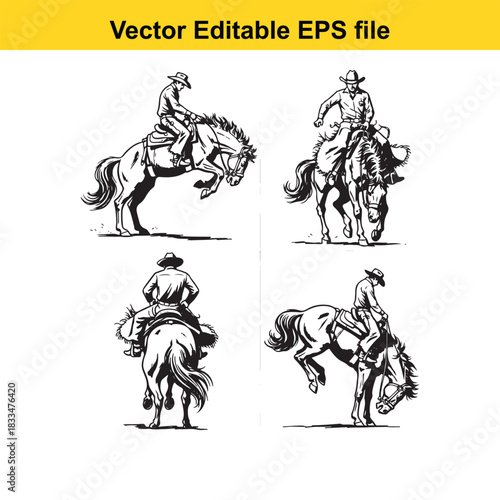collection of four black and white vector illustrations depicting cowboys riding bucking horses in a rodeo or wild west scene, isolated on white background