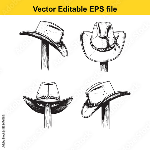 collection of four detailed black and white vector illustrations of classic cowboy hats mounted on wooden posts, perfect for western theme design elements isolated on white background