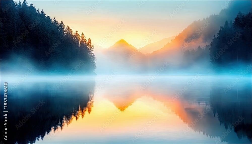 Obraz premium A tranquil landscape scene featuring a lake reflecting the sunrise, surrounded by mountains and a forest, with a misty atmosphere.