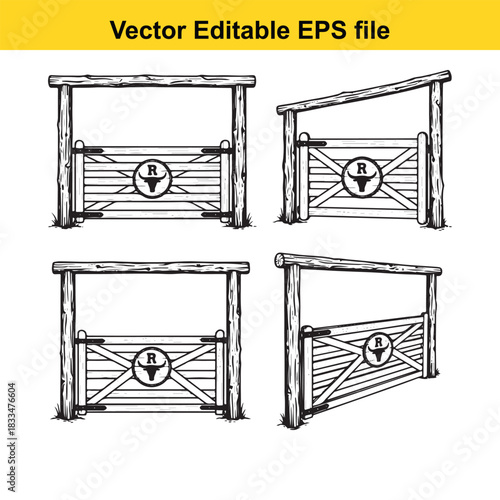 collection of four vector illustrations showing different perspectives of rustic wooden ranch gates featuring a circular brand mark with the letter r