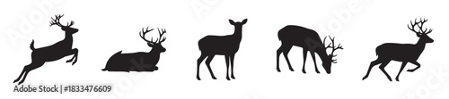 Deer and Stag Silhouette Vector Collection. Set of Wild Animals in Various Poses - Jumping, Laying, Standing, Grazing, and Running - Nature and Hunting Icon Pack for Logo and Design