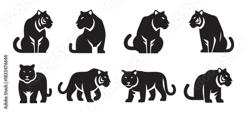 Black Tiger Silhouette Vector Set. Wild Animal Mascot Collection in Various Poses  Sitting, Walking, and Standing - Bold Icon Pack for Logo, Esport, Tattoo, and T-shirt Design