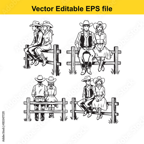 vector editable eps file featuring four pairs of cowboys and cowgirls sitting on wooden fences in black and white line art illustration style, isolated on white background