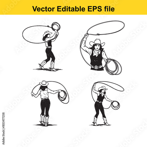 collection of four black and white vector illustrations depicting a female cowgirl or rancher actively spinning and holding a lasso or lariat rope, ready for roping